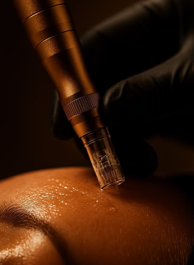 Main gantée passant un stylo à nano-pointes sur le front d'une cliente, illustration de la formation nanoneedling à Marseille
