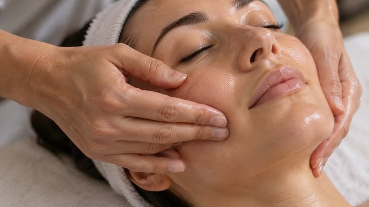Mains d'une esthéticienne réalisant un modelage du visage sur une cliente détendue, yeux fermés, allongée en cabine